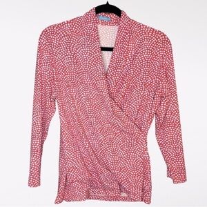 J. McLaughlin Coral Blue Faux Wrap 3/4 Sleeve Catalina Cloth Stretchy Blouse Top